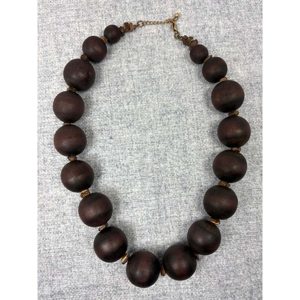 Vintage Chunky Brown Wood Bead Statement Necklace 20" Boho Natural Ball Beads